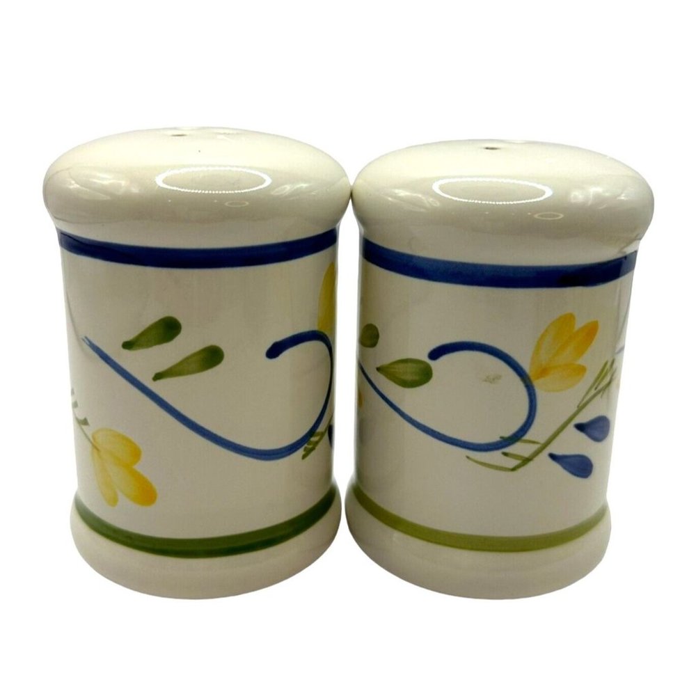 Vintage Ceramic Salt and Pepper Shakers White Glass Floral Blue Orange Green 4"